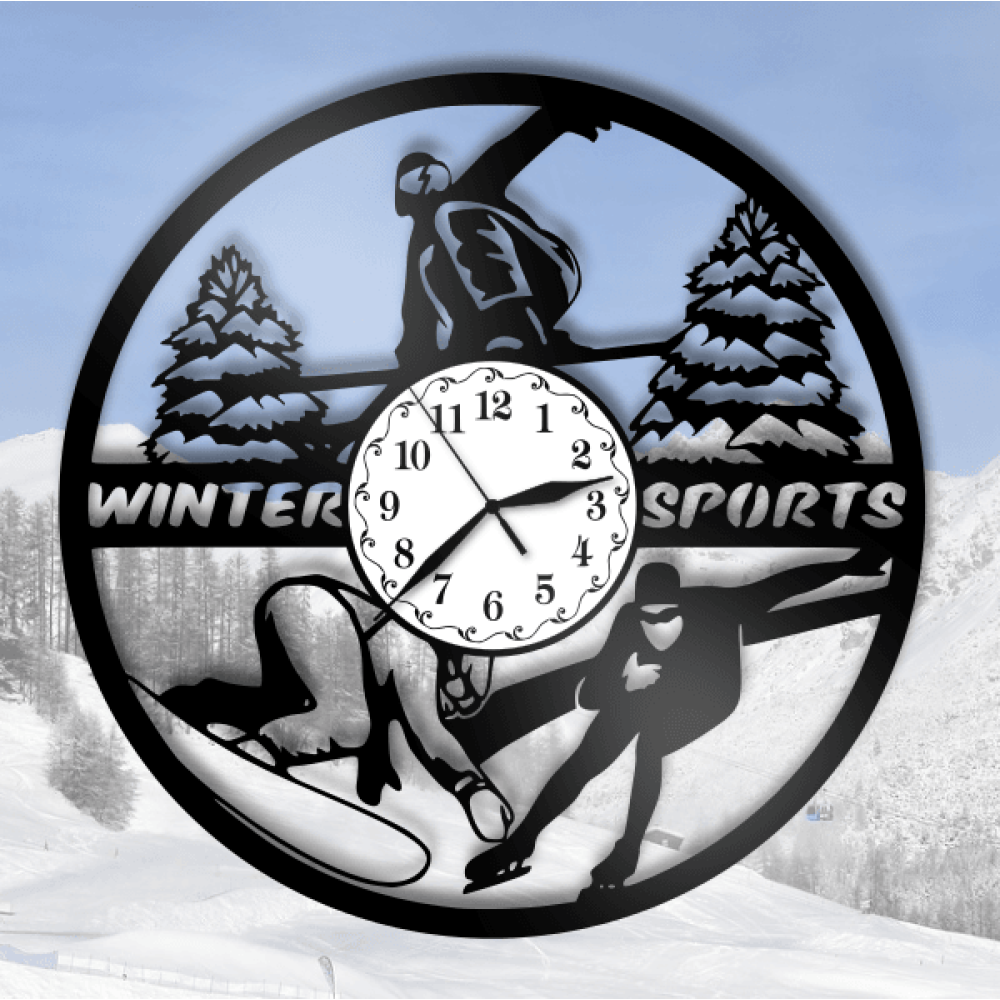 Ceas cadou cu sporturi de iarna: schi, snowboard, patinaj